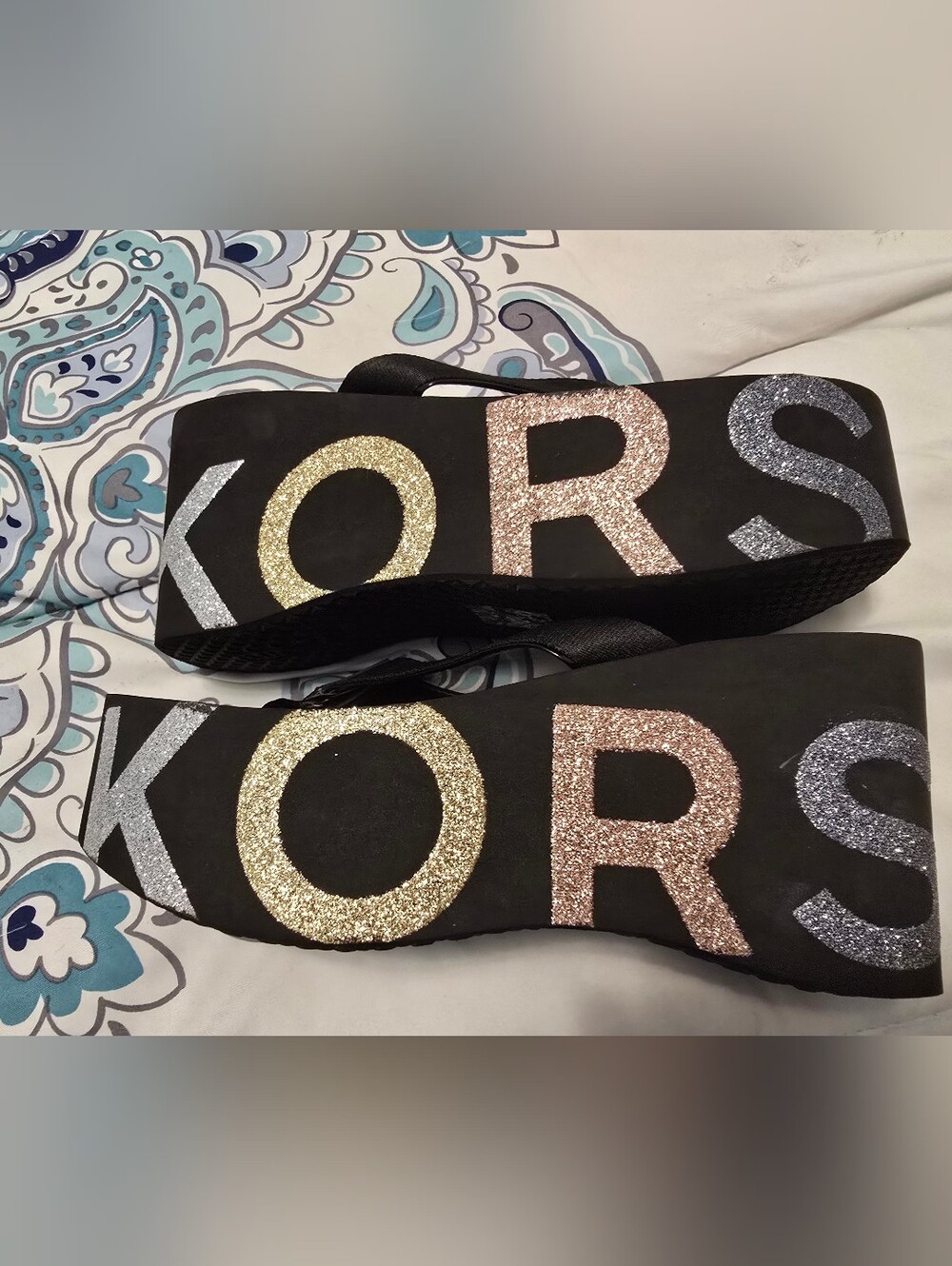 Michael Kors Women's Size 8M Black Platform Blingy Sparkly Logo Wedges NWOT